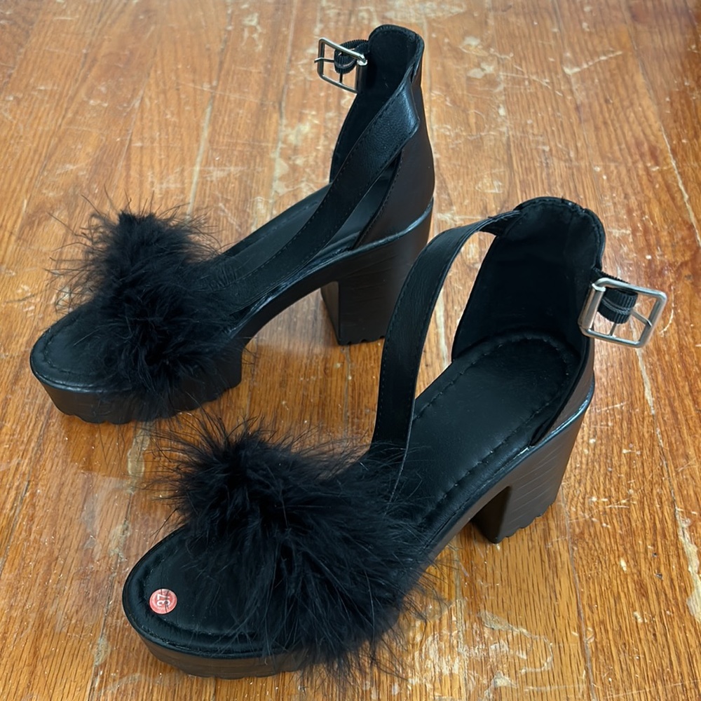 Funky Fuzzy Black Heels